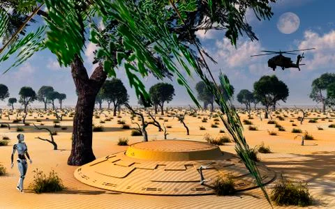 An AH-64 Apache Black Ops helicopter tracking down a UFO and its robotic crew Illustrazione stock