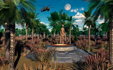 An AH-64 Apache Black Ops helicopter tracking down a UFO and its alien pilot. Illustrazione stock