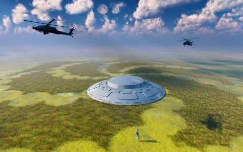 AH-64 Apache Black Ops helicopters flying around a crop circle with UFO at Illustrazione stock