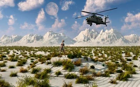 An AH-64 Apache Black Ops helicopter flying to a UFO landing site. Illustrazione stock
