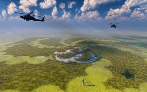 AH-64 Apache Black Ops helicopters flying around a crop circle with UFO at Illustrazione stock