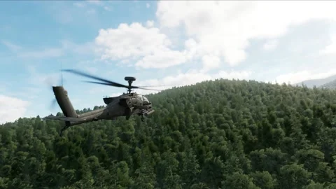 AH-64D Apache Longbow military attack helicopter flying at low altitude armed 스톡 동영상 232867536