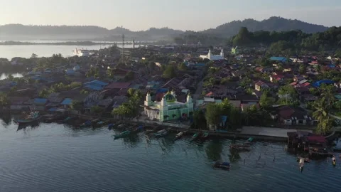 AH - Aerial View of Small Coastal Village Stock Footage 237828334