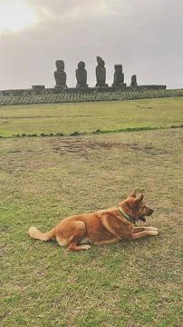 Ahu Tahai ceremonial complex on Easter Island, Chile. Historic Moai statues Фото