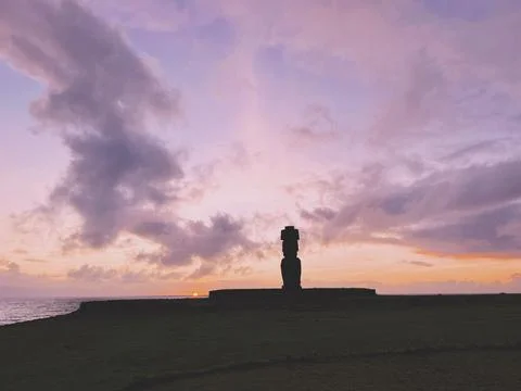 Ahu Tahai ceremonial complex on Easter Island, Chile. Historic Moai statues Фото
