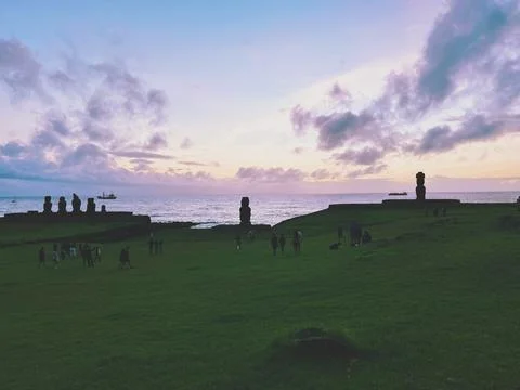 Ahu Tahai ceremonial complex on Easter Island, Chile. Historic Moai statues Фото
