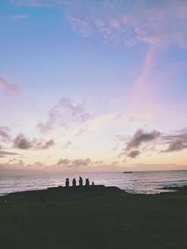 Ahu Tahai ceremonial complex on Easter Island, Chile. Historic Moai statues Фото