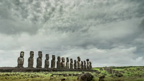 Ahu Tongariki is the largest ahu on Easter Island at sunrise, Chile. 4K time Stock Footage 151572429