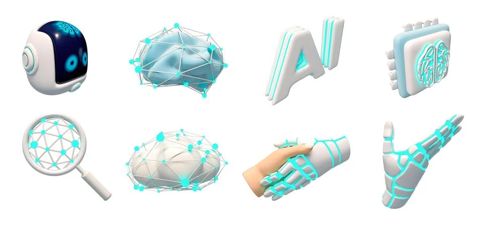 AI 3d icon set with Robot, Brain, Cloud, Chip, Search, Handshake Stock Illustration