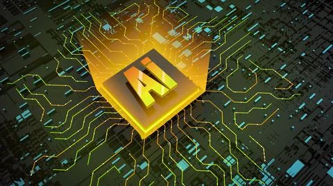 Ai 3d image concept. Computer microprocessor with artificial intelligence on Stock Illustration