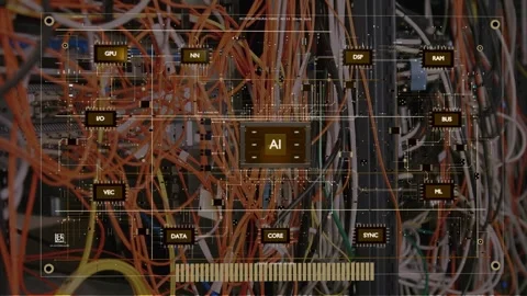 On AI activation, server rack cables revealing HUD overlaying rack, mapping Stock Footage 337579190