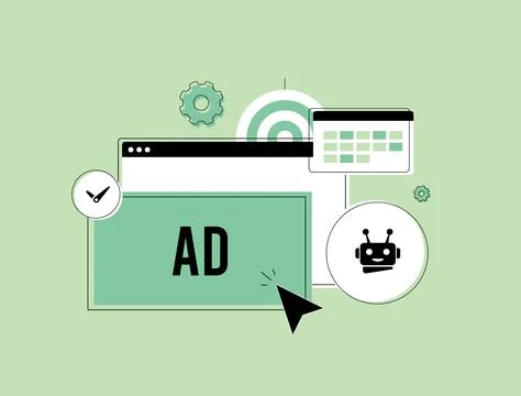 AI ad scheduling illustration featuring AI-powered advertising tools, campaign Stock Illustration