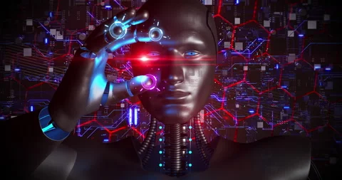 AI Advanced Robot Analyzing Computer Processor. Electrical Waves Around. Stock Footage 260741201