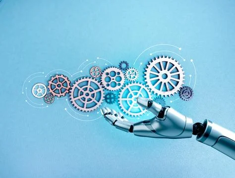 AI agent and robotics concept with robotic hand interacting with gear syste.. Stock Photos