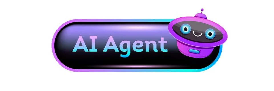 AI agent button vector illustration. Glossy black banner with colorful mascot Stock Illustration