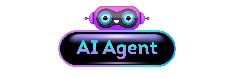AI agent button vector illustration. Glossy black banner with colorful mascot Illustrazione stock