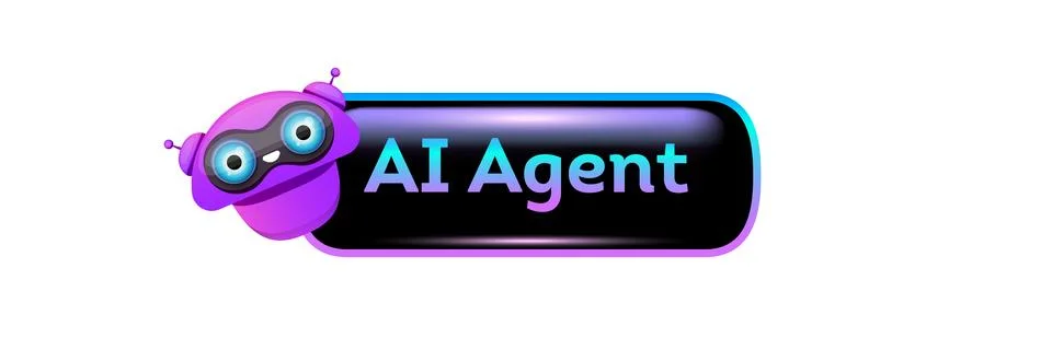 AI agent button vector illustration. Glossy black banner with colorful mascot Stock Illustration