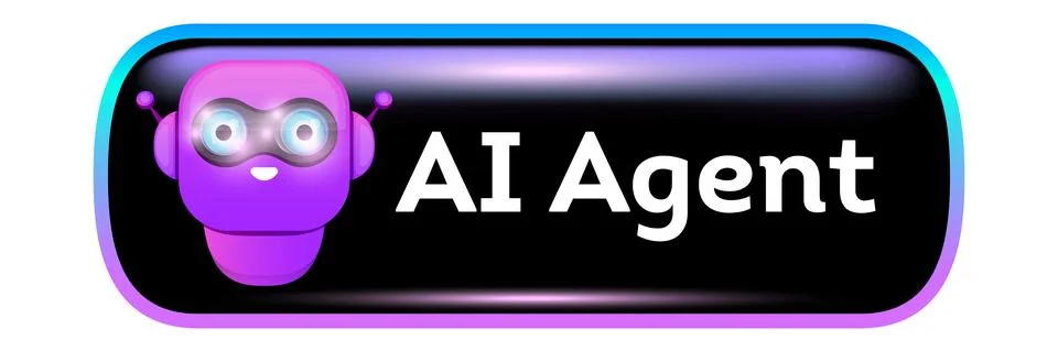 AI agent button vector illustration. Glossy black banner with colorful mascot Stock Illustration
