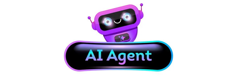 AI agent button vector illustration. Glossy black banner with colorful mascot Illustrazione stock