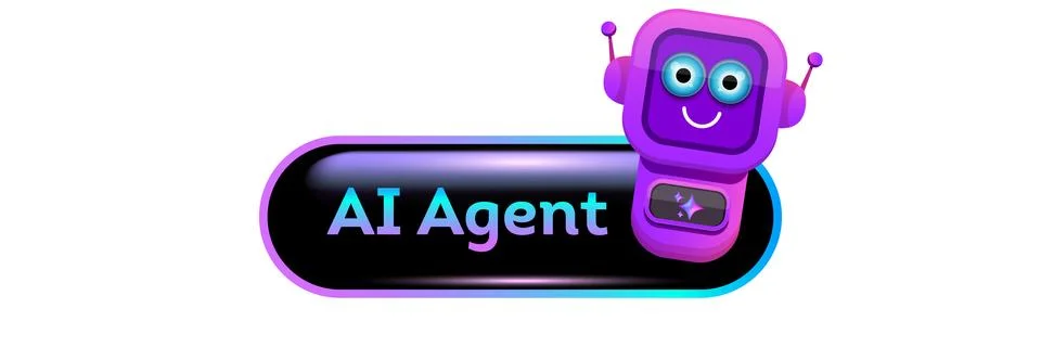 AI agent button vector illustration. Glossy black banner with colorful mascot Illustrazione stock