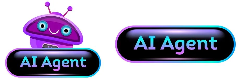 AI agent button vector illustration. Glossy black banner with colorful mascot Stock Illustration