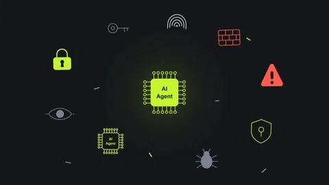 AI agent cybersecurity concept with a glowing processor chip surrounded 動画素材 344553163