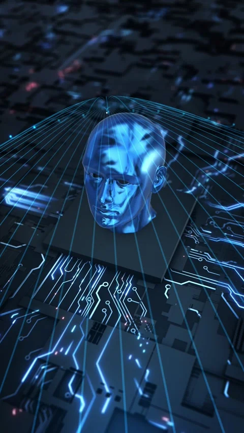 AI Agent Digital Human Head with Neural Network and Circuit Technology Stock Footage 342624369