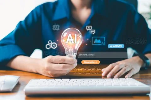 AI agent generate. user holding virtual AI lightbulb icon with Generate but.. Stock Photos
