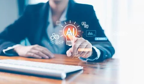 AI agent generate. user pointing virtual AI lightbulb icon with Generate bu.. Stock Photos