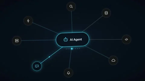 AI Agent Hub Interface Animation Teal and Orange Digital Connection Visuals Stock Footage 344786565