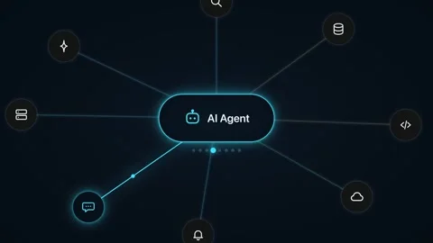 AI Agent Hub Visualization Teal and Orange Digital Interface Interactive Stock Footage 344786789