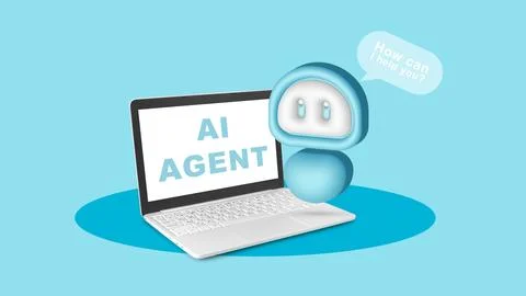 AI agent interacts with user through laptop screen in a simple digital scene Stock Photos