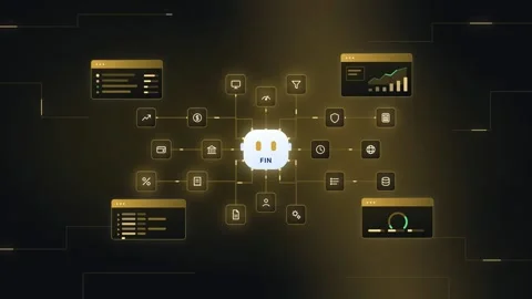 AI Agent Market Analytics HUD Gold Green Futuristic UI Dark Navy Tech Panel Stock Footage 345094301