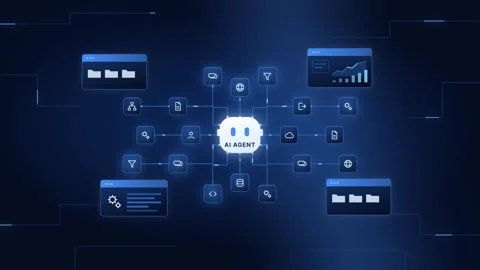 AI Agent Mesh HUD Display Futuristic Network Grid System Blue Neon Overlay Stock Footage 345094344