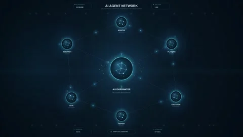 AI Agent Network Interface with Central Coordinator and Autonomous Tasks Stock Footage 344514056