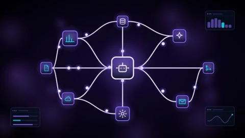 Ai agent orchestrator hub icon tiles telemetry cards seamless loop 스톡 동영상 342759580