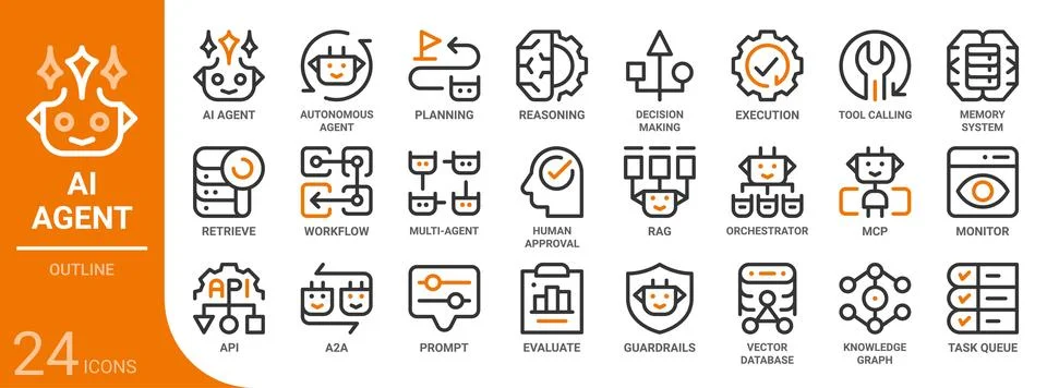 Ai agent outline icon set,24 vector icons Stock Illustration