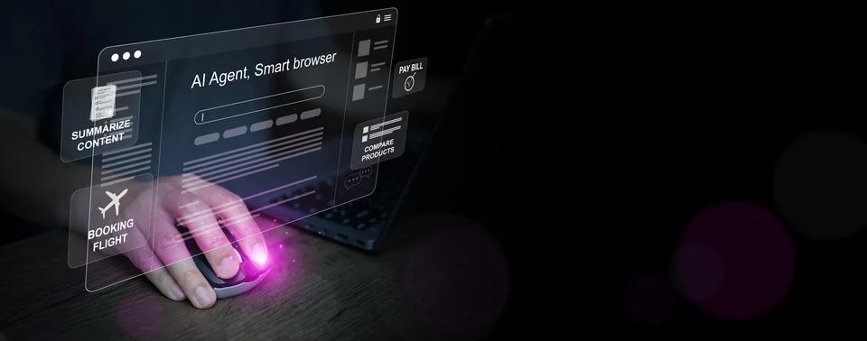 AI agent smart browser interface, showing hand using computer mouse to acce.. Foto stock