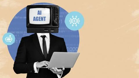 AI agent in suit using laptop with retro TV head in artistic setting Stock Photos