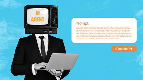 AI agent with a television head working on a laptop Stock Photos