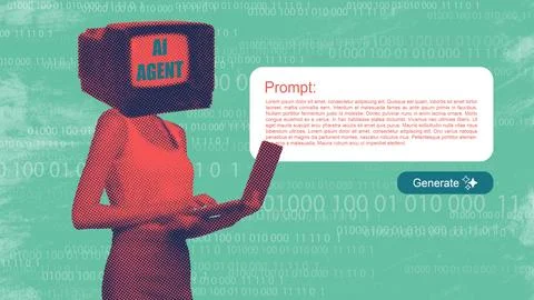 AI agent using a laptop on a green background with binary code in the design Stockfoto's