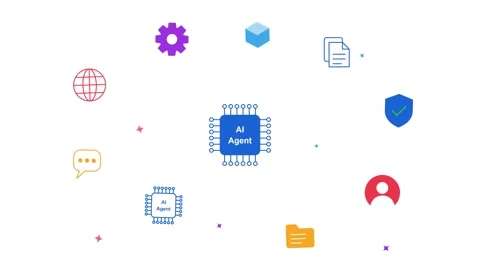 AI agent workflow automation concept with a processor chip surrounded 動画素材 344553182