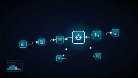 Ai agent workflow gold wire branching flow diagram seamless loop Video stock 342759636