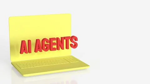 AI Agents Concept On Laptop Screen Minimal Technology Background 3d render. Ilustración de archivo