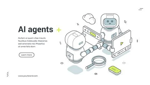AI agents isometric banner. Vector illustration for a web landing page templa Stock Illustration