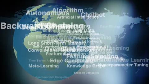 Ai algorithm and machine learning letterings on world map misgiving fear Stock Footage 270186639