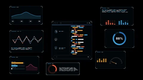 AI Analytics Dashboard Overlay HUD Interface Panel Animated Data Visualization Stock Footage 344104114