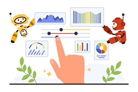 AI Analytics Dashboard with Robots Illustration Stockillustratie