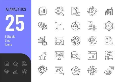 AI Analytics line editable icons set. Stock Illustration