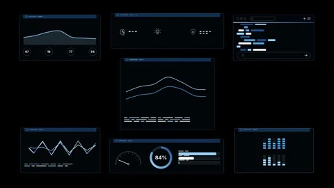 AI Analytics Overlay HUD Panels Ice Blue Data Visualization Futuristic Stock Footage 344104488